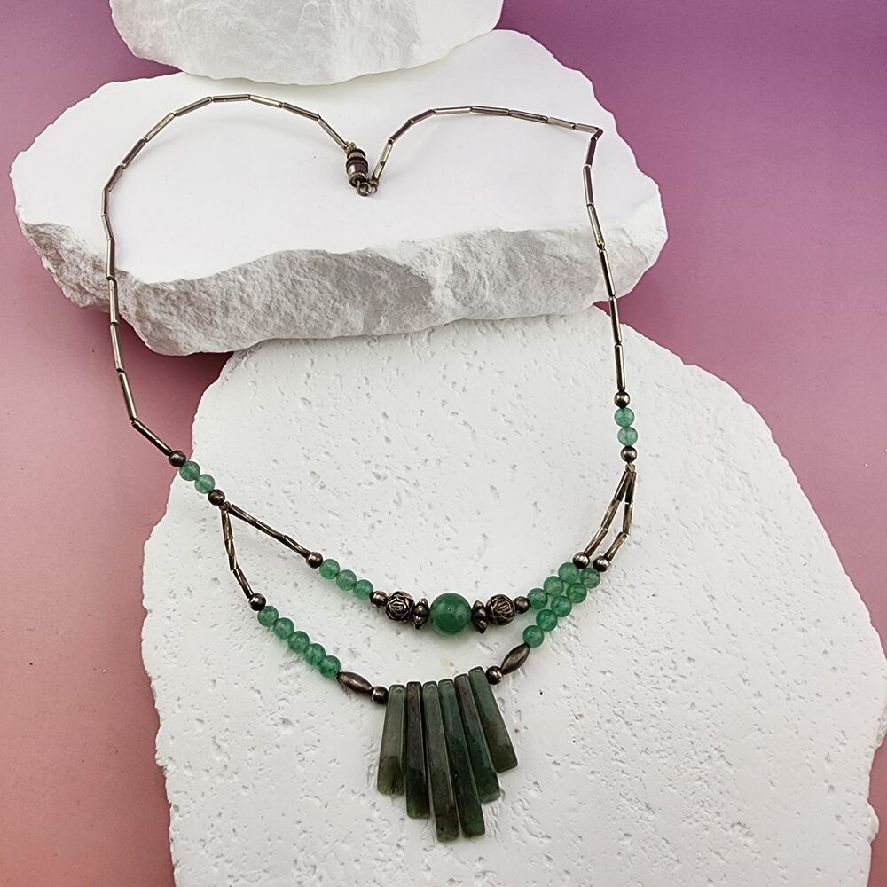Vintage Green Mottled Fan Bar Bead Necklace Silver Floral Spacers